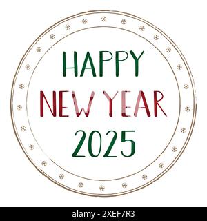 Felice anno nuovo 2025. Timbro dorato con testo scritto a mano verde e rosso. Biglietto d'auguri, cartolina. Lettere con linee spesse e sottili. Illustrazione Vettoriale