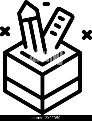 Semplice icona a forma di linea di matita e righello in posizione verticale in una scatola, perfetta per rappresentare le forniture scolastiche o per l'ufficio Illustrazione Vettoriale