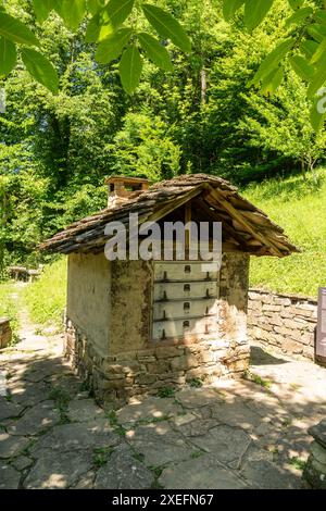 Rustico affumicatoio con fondazioni in pietra e tetto in ciottoli in una radura forestale Foto Stock