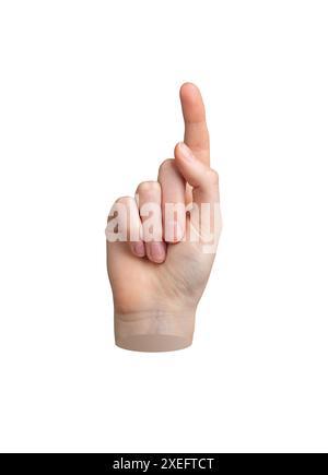 Gesto di puntamento della mano, dito indice, segno indicativo isolato su sfondo bianco. Allungato, raggiungendo la posizione, tocca, tocca, fai clic. Comunicazione, Foto Stock