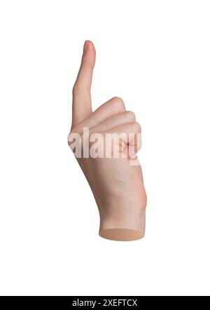 Gesto della mano con il dito puntato, segno indicante. Indice, puntatore in primo piano, isolato su sfondo bianco. Mostrando qualcosa. Toccare, toccare virgola Foto Stock