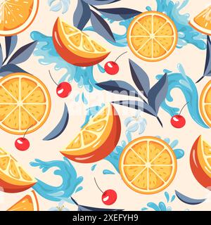 Motivo tropicale senza cuciture. Fette vettoriali di agrumi. Arance, fiori e foglie su sfondo senza cuciture. e se ne va. Ottimo per la moda, per il tessuto Illustrazione Vettoriale