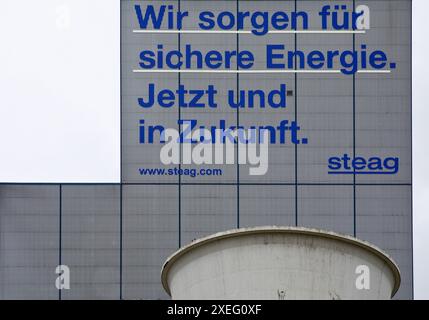 Centrale elettrica di Herne con la dichiarazione che garantiamo energia sicura. Ora e in futuro, Germania Europa Foto Stock