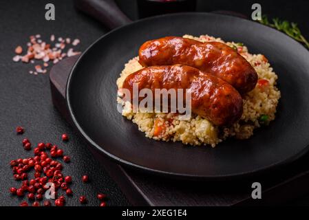 Deliziose salsicce di pollo o maiale cotte alla griglia con porridge e verdure Foto Stock