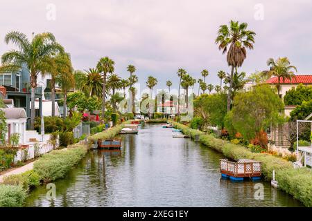 Pittoreschi e pittoreschi canali fiancheggiati da palme e case colorate a Venice, California Foto Stock