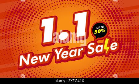 modello di vendita flash per il nuovo anno 1,1 per la campagna pubblicitaria di acquisto. Poster arancione con elementi di tuono. Annunci per Web, social media, shopping online Illustrazione Vettoriale