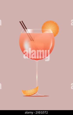 Cocktail Aperol Spritz in bicchiere a palloncino, decorato con fetta di arancia e due cannucce su sfondo rosa. Illustrazione vettoriale. Design creativo. Illustrazione Vettoriale