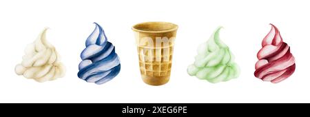 Fragola, lampone, menta, pistacchio, mela, latte, gelato alla vaniglia e cono croccante per waffle. Dipinto a mano dolce illustrazione acquerello isolato su Foto Stock