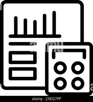 Icona line art di una calcolatrice e di un report finanziario che mostra qualcuno che calcola le proprie finanze Illustrazione Vettoriale