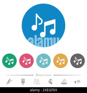 La musica nota le icone bianche piatte su sfondi rotondi. 6 icone bonus incluse. Illustrazione Vettoriale