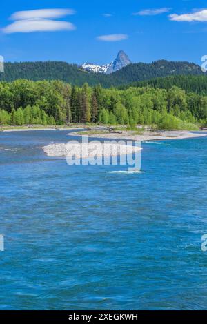 fiume a media forcella sotto il monte saint nicholas nel parco nazionale dei ghiacciai vicino a nyack, montana Foto Stock