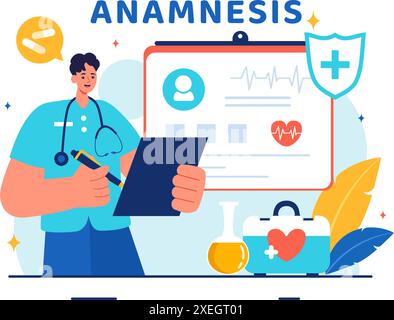 Illustrazione vettoriale di un sistema di anamnesi che fornisce informazioni su malattie e database sanitari in un contesto di cartone animato di stile piatto Illustrazione Vettoriale