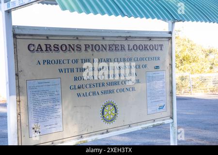 Il Carsons Pioneer Lookout vicino a Gloucester nel nuovo Galles del Sud rende omaggio alla famiglia Carson che costruì la strada per Nowendoc, New South Wales, Australia Foto Stock