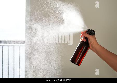 La mano di una donna spruzza un deodorante per ambienti in una stanza. Foto Stock