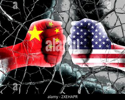 La bandiera americana e la bandiera cinese sono entrambe fatte di pugni. Descrivere un incontro tra il leader Foto Stock