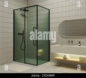 Bagno interno moderno con cabina doccia e lavabo in pietra con specchio, cosmetici e asciugamani, rendering 3d. Foto Stock