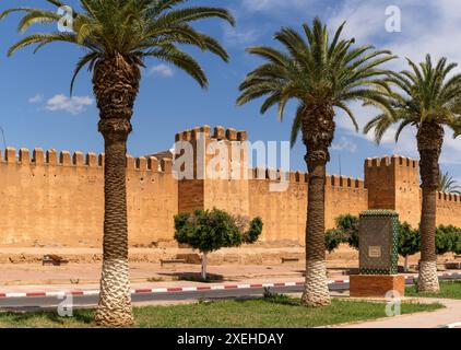 Vista della bandiera marocchina e delle storiche mura della città intorno alla medina di Taroudant Foto Stock