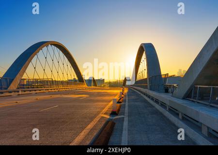 Vista del 6th Street Bridge a Los Angeles al tramonto Foto Stock