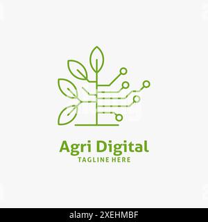 Piante ed elementi tecnologici per il design del logo dell'agricoltura digitale Illustrazione Vettoriale