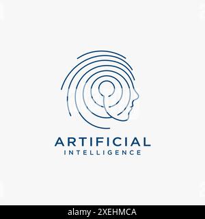 Testa umana in stile della linea tecnologica per il design del logo dell'intelligenza artificiale Illustrazione Vettoriale