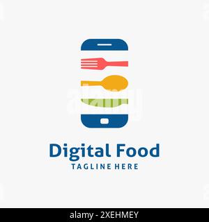 Posate e smartphone per il design digitale del logo food Illustrazione Vettoriale