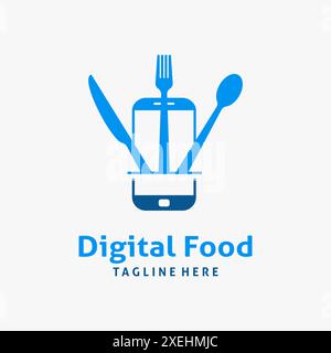 Posate e smartphone per il design digitale del logo food Illustrazione Vettoriale