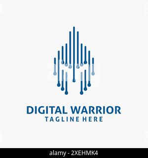 Elementi spartani e tecnologici per il design del logo del guerriero digitale Illustrazione Vettoriale
