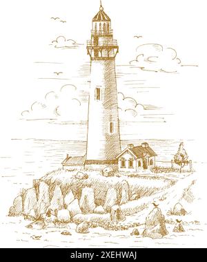 Faro sulla costa disegnato a mano Illustrazione Vettoriale