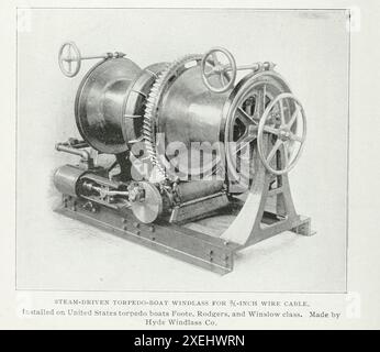 SALPA PER SILURO A VAPORE PER CAVO METALLICO DA 3/4 CM. Installato sulle torpediniere statunitensi Foote, Rodders e Winslow. Prodotto da Hyde Windlass Co. Dall'articolo L'USO DEL VAPORE IN MACCHINARI AUSILIARI SU NAVI DA GUERRA. Di Lieut. John K. Robison. Dalla rivista Engineering dedicata al progresso industriale volume XVIII 1899-1900 The Engineering Magazine Co Foto Stock