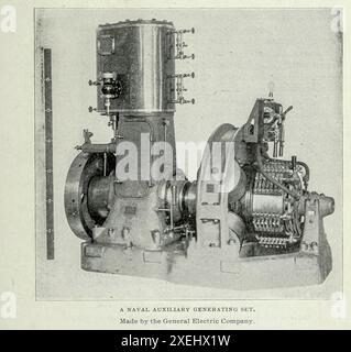 UN GRUPPO ELETTROGENO AUSILIARIO NAVALE. Prodotto dalla General Electric Company. DALL'ARTICOLO ELETTRICITÀ PER IL FUNZIONAMENTO DI MACCHINE AUSILIARIE SULLE NAVI DA GUERRA. Di Lieut. J. K. Robison. Dalla rivista Engineering dedicata al progresso industriale volume XVIII 1899-1900 The Engineering Magazine Co Foto Stock