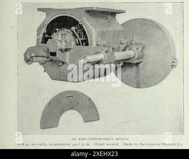 UN MOTORE DI SOLLEVAMENTO DELLE MUNIZIONI. 20 h. p., 160 volt, 110 ampere. 350 r. P. m. Shunt ferita. Prodotto dalla General Electric Co. Dall'articolo ELETTRICITÀ PER IL FUNZIONAMENTO DI MACCHINARI AUSILIARI SU NAVI DA GUERRA. Di Lieut. J. K. Robison. Dalla rivista Engineering dedicata al progresso industriale volume XVIII 1899-1900 The Engineering Magazine Co Foto Stock