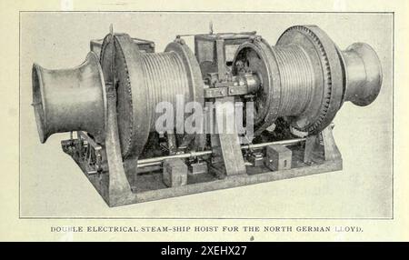 PARANCO ELETTRICO DOPPIO PER NAVI A VAPORE PER IL LLOYD DELLA GERMANIA SETTENTRIONALE. DALL'ARTICOLO ELETTRICITÀ PER IL FUNZIONAMENTO DI MACCHINE AUSILIARIE SULLE NAVI DA GUERRA. Di Lieut. J. K. Robison. Dalla rivista Engineering dedicata al progresso industriale volume XVIII 1899-1900 The Engineering Magazine Co Foto Stock