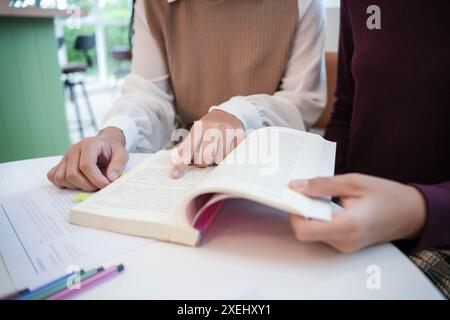 L'apprendimento con gli amici i giovani studenti universitari Tutor per l'esame aiuta i compiti scolastici insieme withÂ la cattura degli amici Foto Stock