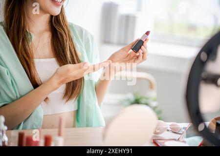 Giovane ragazza asiatica makeup artist donna professionale blogger vlogger sta mostrando prodotti cosmetici con registrazione videoÂ bella Foto Stock