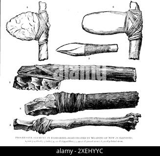 ELEMENTO PROGRESSIVO DELLA BARBARIE ILLUSTRATO NELLE ARMI DEI NUOVI ZEALANDRI. 1, sega; 2, scalpello; 3, coltello; 4, ascia di pietra graffiata; 5, lancia di pietra macinata; 6, ascia di pietra lucida. Dal volume 1 della storia universale di Ridpath: Un resoconto dell'origine, della condizione primitiva e dello sviluppo etnico delle grandi razze dell'umanità, e dei principali eventi nell'evoluzione e nel progresso della vita civile tra uomini e nazioni, da fonti recenti e autentiche con un'indagine preliminare sull'ora, il luogo e le modalità dell'inizio di Ridpath, John Clark, 1840-1900 pubblicato nel 1897 Foto Stock