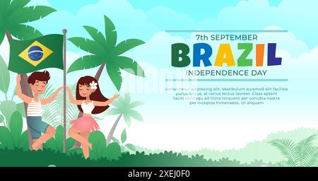 Brasile Independence Day cartoon Banner, un paio di bambini che ballano samba con bandiera e piante tropicali traduzione: Ordine e progresso Illustrazione Vettoriale