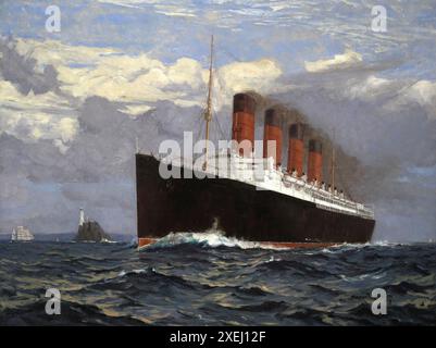 Lusitania di Norman Wilkinson, 1907 RMS Lusitania era un transatlantico britannico varato dalla Cunard Line nel 1906. Fu la più grande nave passeggeri del mondo fino al completamento della Mauretania tre mesi dopo e fu insignita dell'appellativo Blue Riband per la più veloce traversata atlantica nel 1908. La Lusitania è stata affondata durante la sua 202a traversata transatlantica, il 7 maggio 1915 da un U-Boot tedesco a 18 km al largo della Old Head of Kinsale, Irlanda, uccidendo 1.197 passeggeri, equipaggio e stivali.[3] l'affondamento avvenne circa due anni prima della dichiarazione di guerra degli Stati Uniti alla Germania ma signi Foto Stock