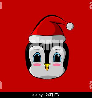 fumetto di pinguini natalizi con logo del berretto di babbo natale su sfondo isolato Illustrazione Vettoriale