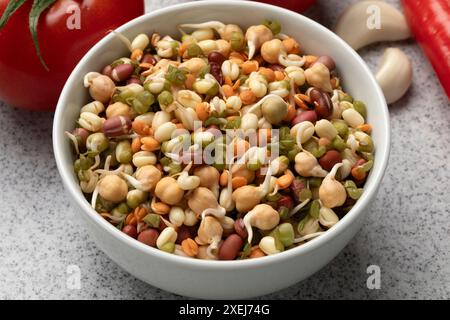 Ciotola con una miscela di germogli freschi e colorati da vicino per un pasto sano Foto Stock