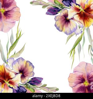 Illustrazione ad acquerello disegnata a mano, foglie di fiori botanici vittoriani. Pansy viola, rametto di salice eucalipto, frassino acero semi di chiavi. Telaio isolato ON Foto Stock