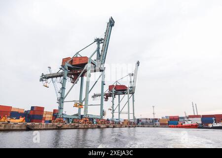 Gru a cavalletto costiere presso il terminal container del porto marittimo di Varna, Bulgaria Foto Stock