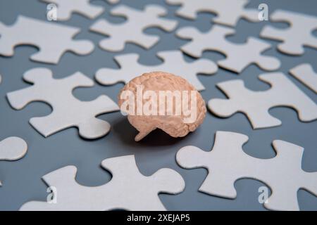 Un modello ravvicinato di un cervello umano circondato da pezzi di puzzle sparsi. Foto Stock