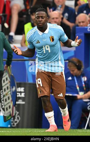 Johan Bakayoko (19) del Belgio, nella foto di una partita di calcio tra le squadre nazionali di Ucraina e Belgio, chiamata i Red Devils nella terza giornata del gruppo e nella fase a gironi del torneo UEFA Euro 2024 , giovedì 26 giugno 2024 a Stoccarda , Germania . FOTO SPORTPIX | David Catry Foto Stock