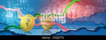 inr rialzista fermato dal ribasso gbp. mercato dei cambi 3d illustrazione della rupia indiana verso la sterlina britannica. valuta rappresentata come golden coi Foto Stock