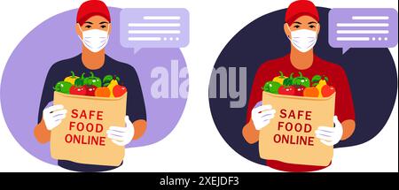 Consegna sicura degli alimenti. Corriere che consegna l'ordine al domicilio del cliente con maschera e guanti durante la pandemia di coronavirus. Piatta vettoriale Illustrazione Vettoriale