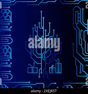 Tecnologia high-tech dell'albero di natale sistema geometrico e di connessione background con dati digitali astratti. Sfondo elettronico blu scuro. Illustrazione Vettoriale