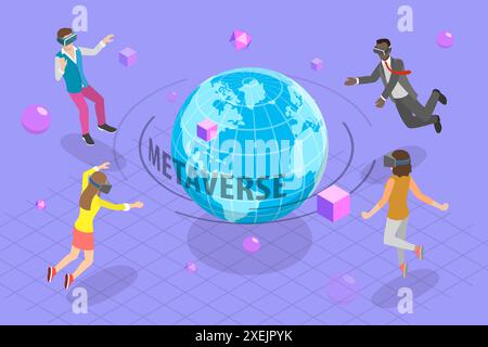 Illustrazione concettuale piatta isometrica 3D della metaversa, tecnologia di realtà virtuale digitale illustrazione concettuale piatta isometrica 3D. Foto Stock
