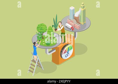 Illustrazione concettuale isometrica piatta 3D della neutralità del carbonio, zero netto o CO2 neutro illustrazione concettuale isometrica piatta 3D Foto Stock