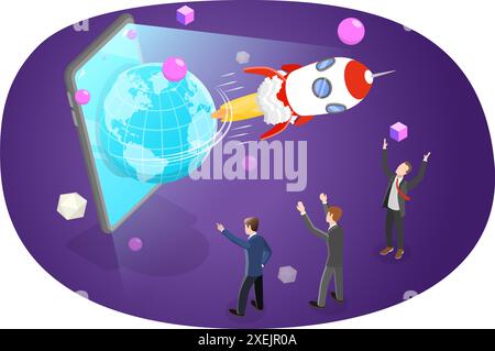 Illustrazione concettuale piatta isometrica 3D della metaversa, innovazioni future illustrazione concettuale piatta isometrica 3D della metave Foto Stock