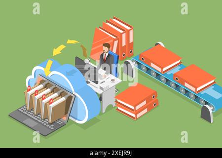 Illustrazione concettuale piatta isometrica 3D dei servizi di immissione dati, archiviazione cloud online illustrazione concettuale piatta isometrica 3D. Foto Stock